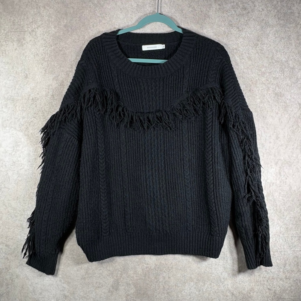 Avantlook Sweater Womens‎ Large Black Fringe Cable Knit Western Boho Crewneck